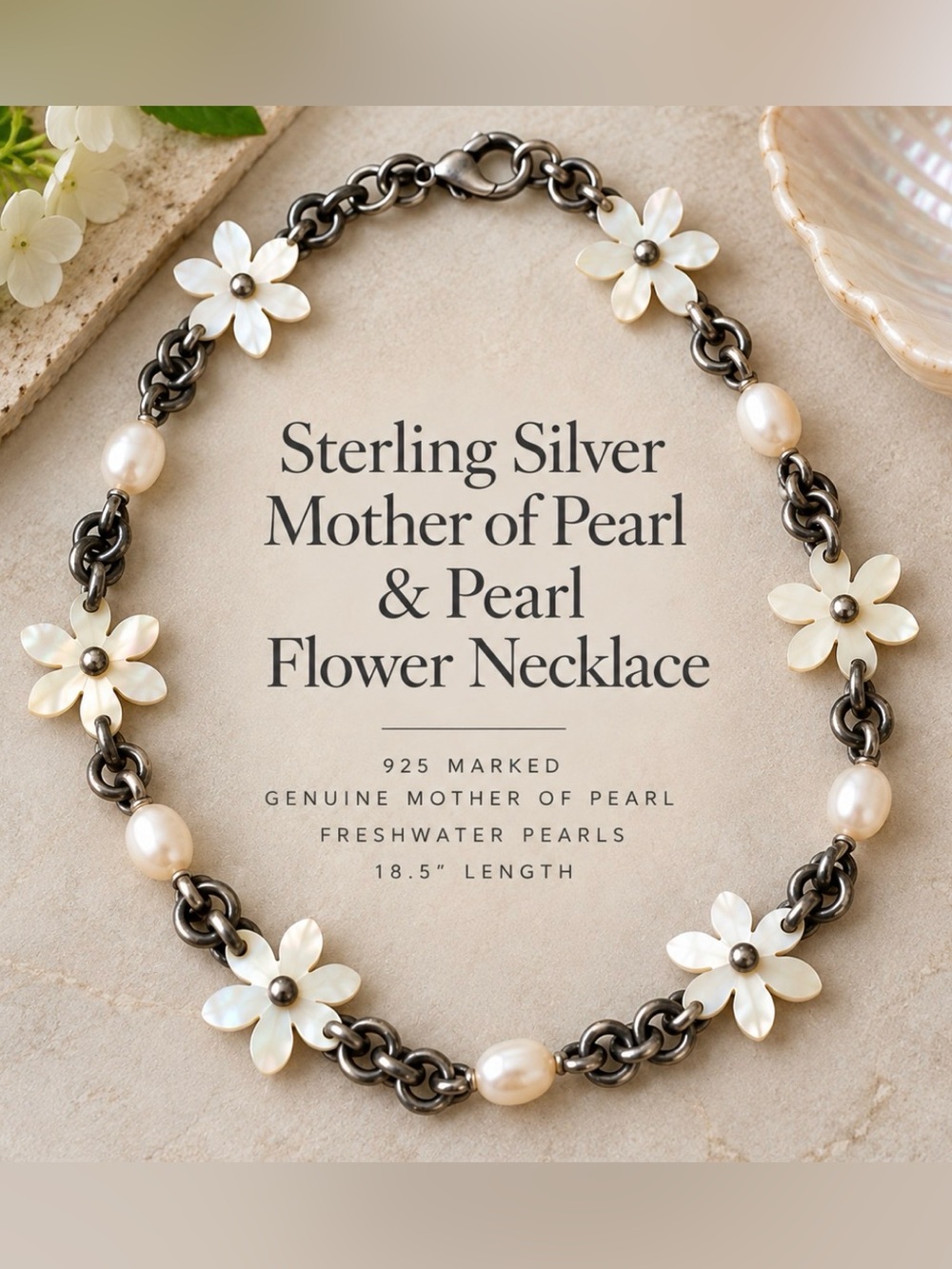 Sterling Silver Mother of Pearl & Pearl Flower Necklace - White